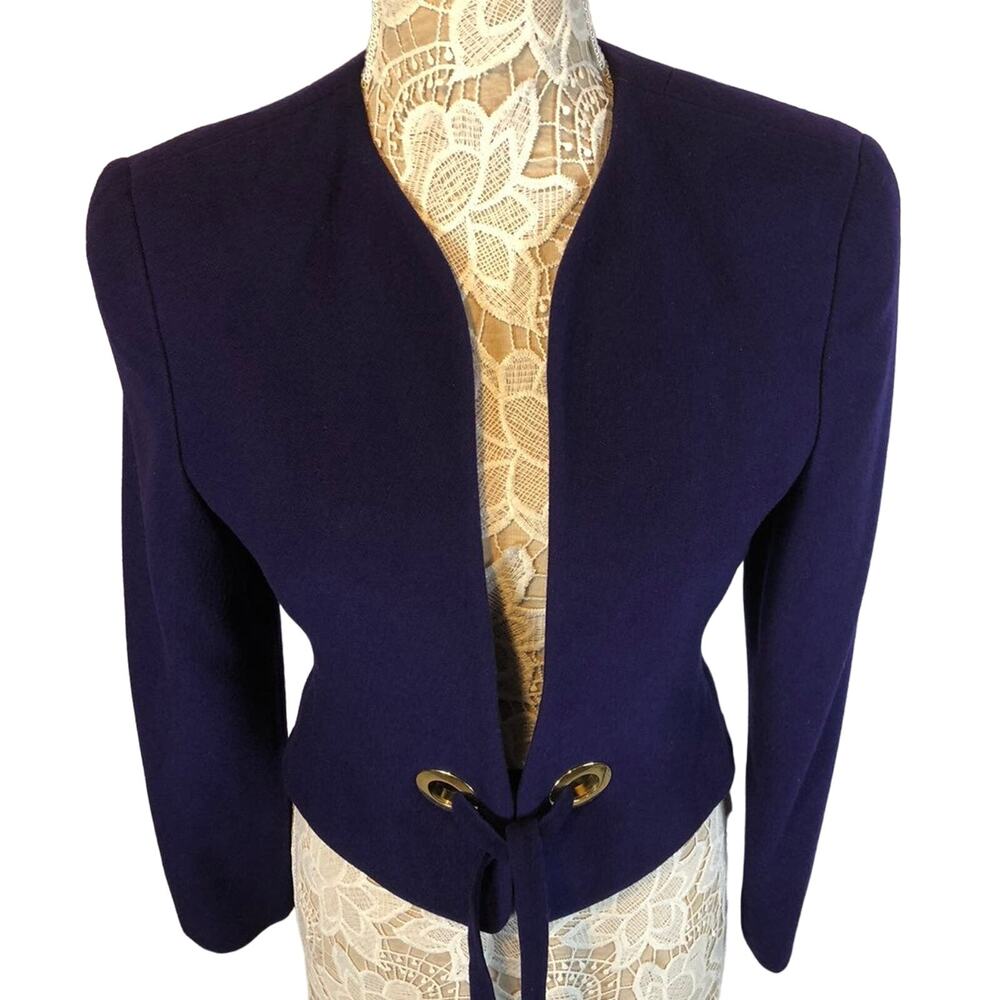 1980s Vintage Purple Wool Cashmere Cropped Blazer Gold Grommet Jacket USA Small - Picture 2 of 13